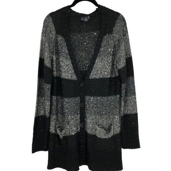 Questions brand Black & Grey Striped Sparkle Sequin Glitter Buttoned Cardigan XL - Picture 13 of 13